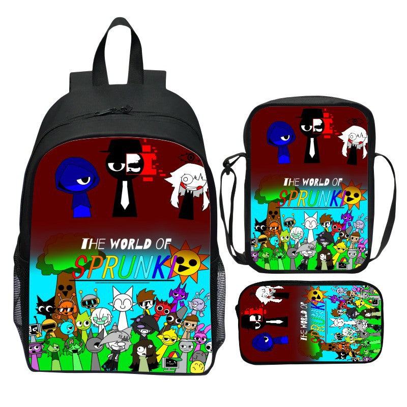 New Printed Rhythm Zygote Sprunki Three-piece Set Schoolbag Cartoon Student Backpack Shoulder Bag Pencil Bag Suitable for Boys and Girls Couples